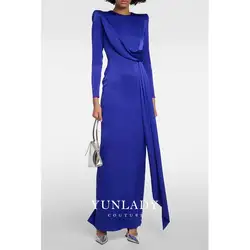 YUNLAN Luxury Dubai Royal Blue Formal Satin Evening Dress 2024 New Women Elegant Party Long Sleeve Slit Ribbon Long Dress