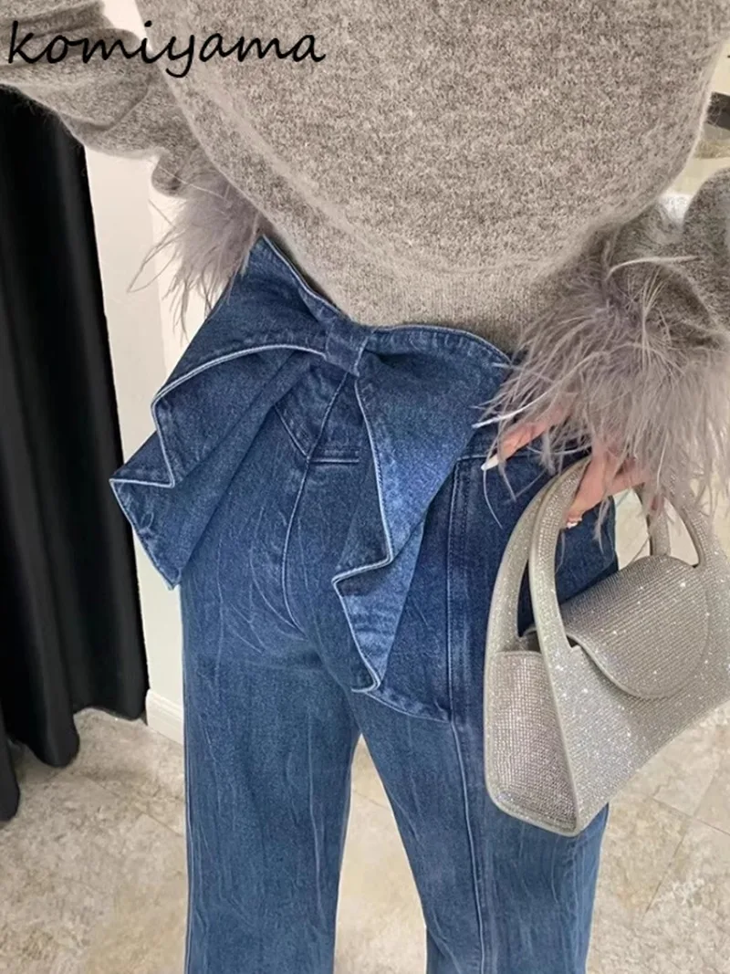 

Индивидуальные брюки с 3d бантом и высокой талией, Ropa Mujer, новые весенние брюки, корейская женская одежда, универсальные прямые широкие брюки