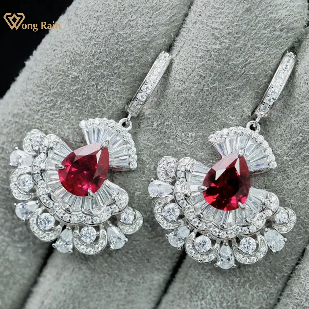 Wong Rain Vintage 925 Sterling Silver Pear Cut Ruby Sapphire High Carbon Diamond Gems Drop Earrings for Women Studs Fine Jewelry