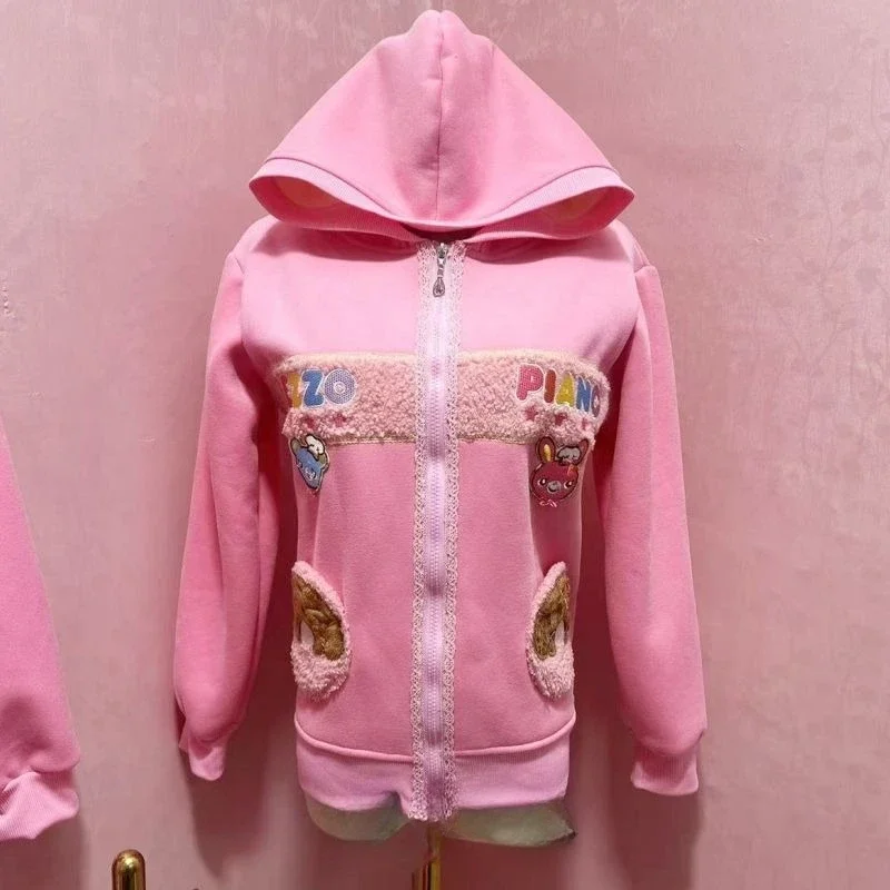 Japanese Lolita Style Women Sweet Hoodies Women Bunny Bear Embroidery Hooded Sweatshirts Cute Coat Tops 2025 Autumn Winter