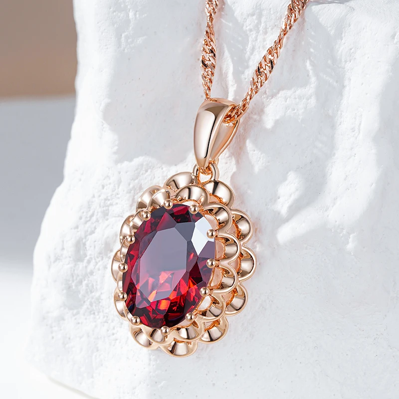 Large Oval Red Zircon Flower 585 Gold Color Pendant Necklace for Women Boho Vintage Jewelry Party Wedding Luxury Accessories