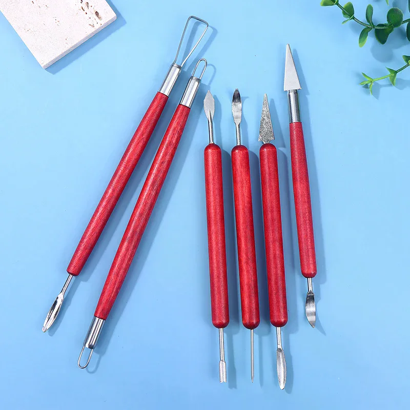 6Pcs/Sets Red Wood Handle Double-Sided Carving Knife Pottery Tools Polymer Clay Sculpting Tools For Clay Repair Ceramics Tool