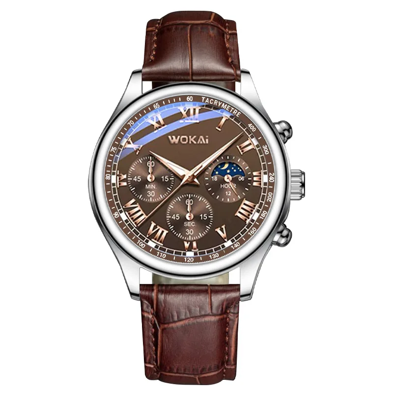 Low Price Hot Sale WOKAI Watch Men Brown Watches Fashion Business Leather Band Quartz Wristwatches Men Relogio Masculino 2023