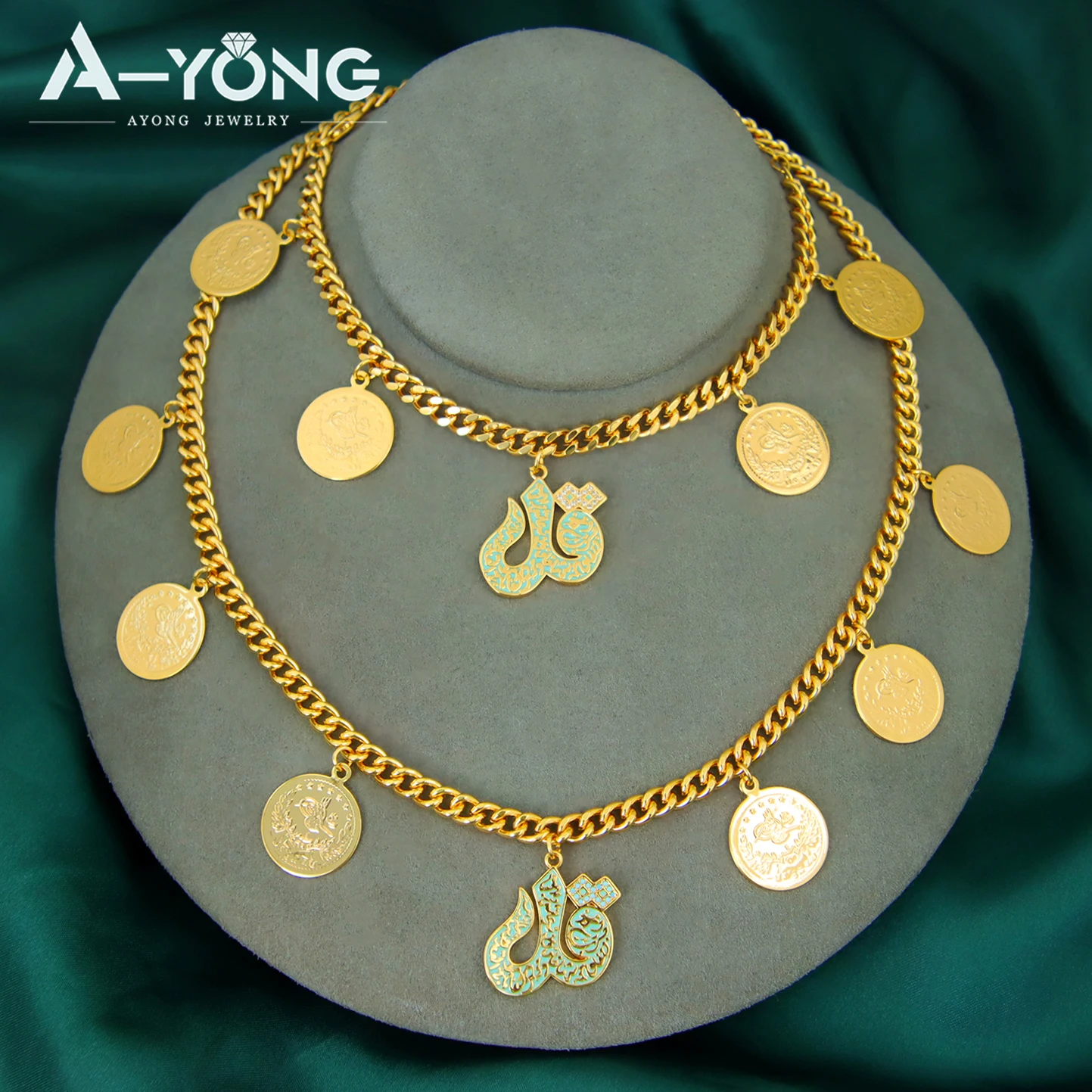 

Arabian Islamic Amulet Necklace Bracelet 21k Gold Plated Turkish Fashion Coins Jewelry Set Dubai Women Daily Party Jewelrys Gift