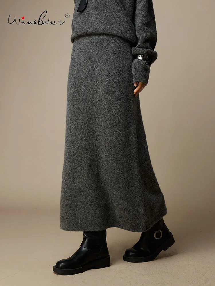 

Winsleter-49,6% Элегантные юбки из овечьей шерсти на пуху 17,8% дуба, однотонные, женские универсальные теплые вязаные юбки, новинка осени 2023 года B5N316CC