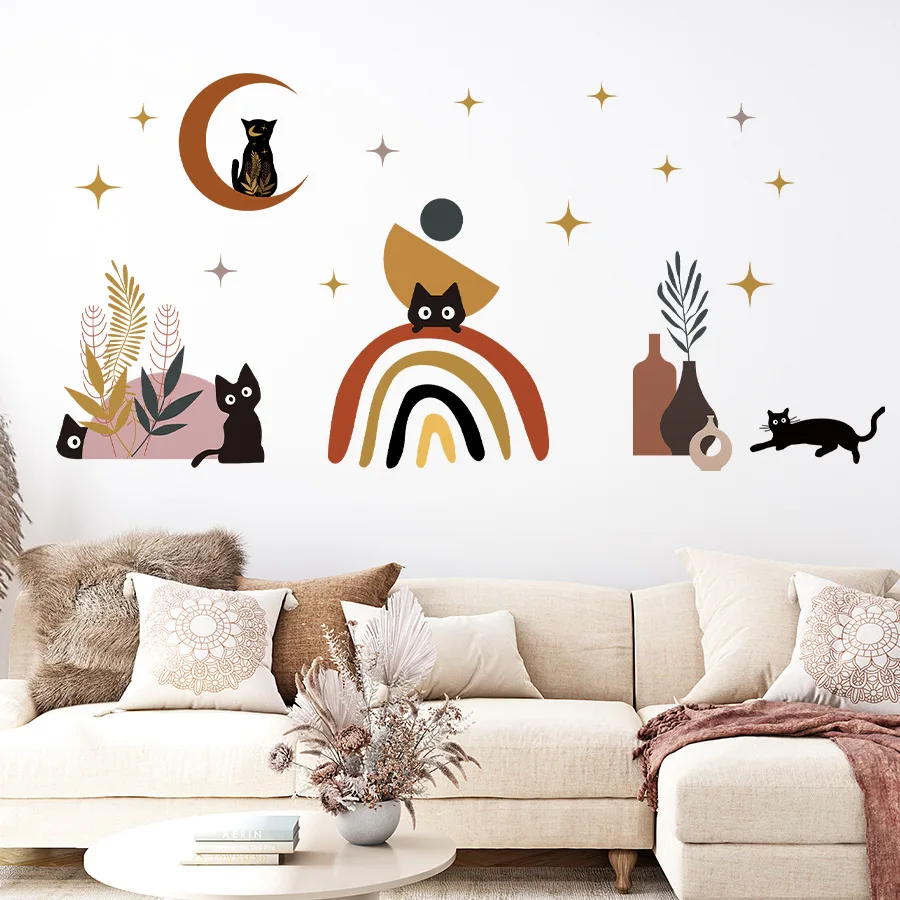 Boho Cats Rainbow Wall Sticker Moon Star Plants PVC Decals Peel and Stick for Kids Room Living Room Office Home Wall Decoration