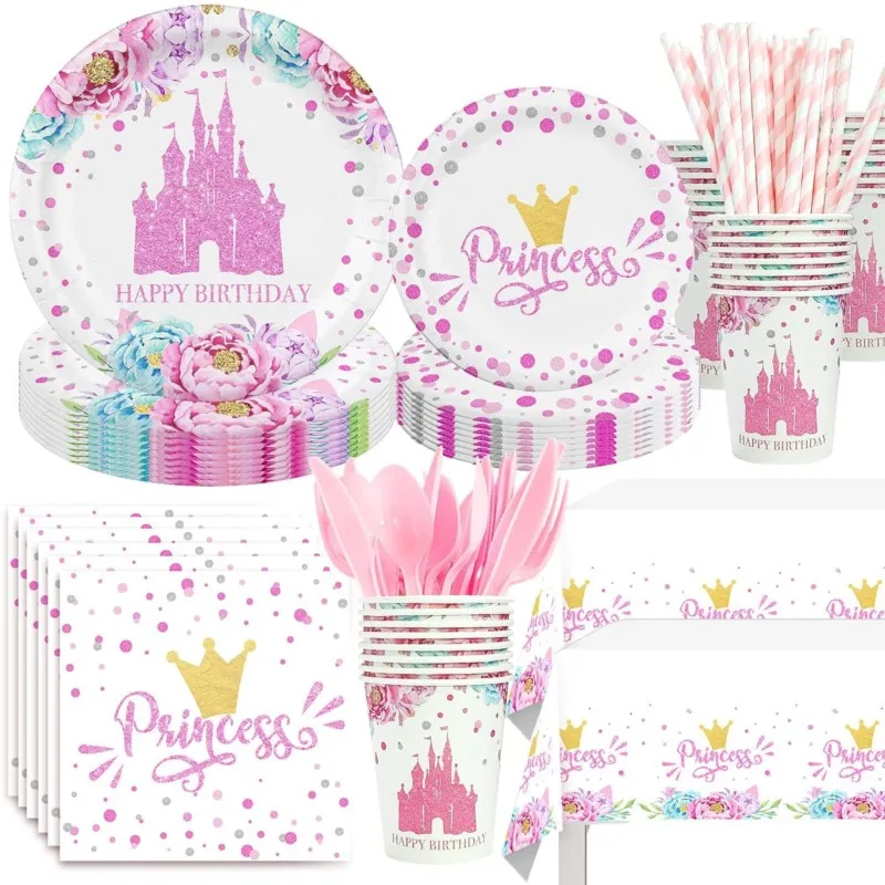 The New Pink Princess Castle Theme Girls Birthday Party Supplies Paper Cups Paper Towel Tableware Suit To Decorate Adornment