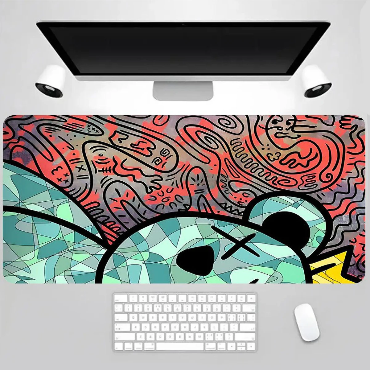 1pc Cartoon Bear Graffiti Mouse Pad Multi-Size Non-Slip Stitched Edge Computer Keyboard Desk Mat For Office And Gift