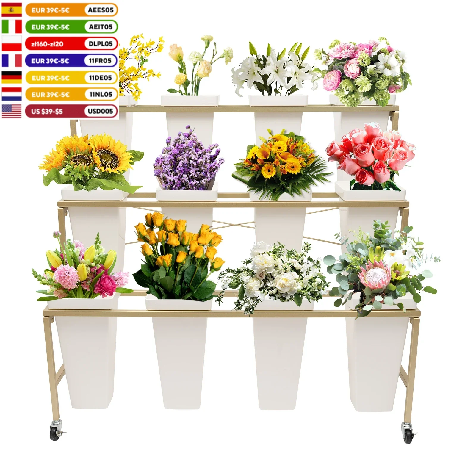 

Flower Display Stand Gold With 12PCS White Buckets, 3-Layer Metal Plant Stand with Wheels For Flower Store, Terraces, Gardens