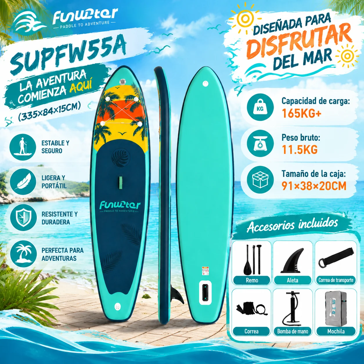Funwater Aufblasbare Wasser-Paddle-Boards 335-350cm Mehrere Optionen mit Geschenk-Add-ons Ideal für Anfänger, Familienausflüge, Wasser-Yoga, Körperliche Übungen Maximale Belastung 150-180kg zur