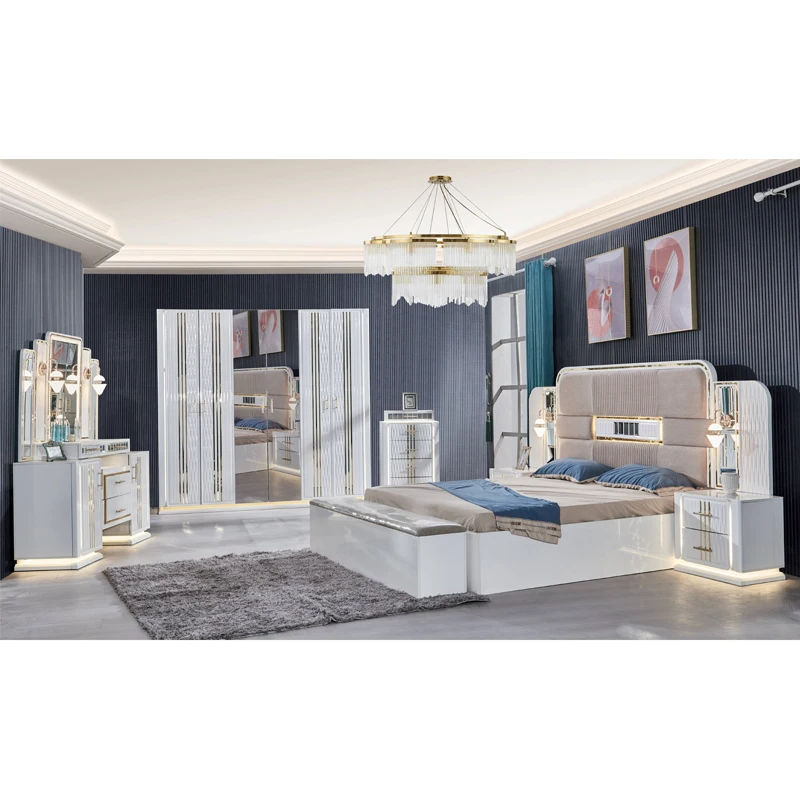 &Modern Design Wooden Frame Full Bedroom Furniture Set Lighted Headboard Home Master Room Complete Double Luxury king Size Bed