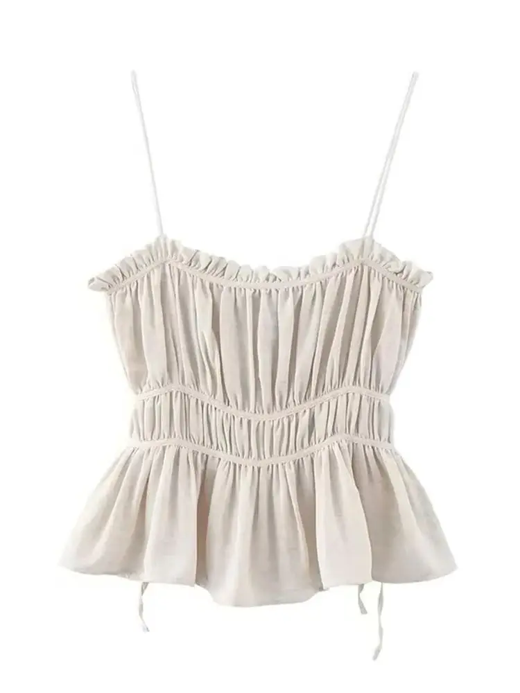 الحلو مثير مطوي الكشكشة حبال صديرية دائرية المرأة أنيقة موجة قطع سترة دون أكمام الصيف الإناث جديد كل مباراة القمم Y2K الشارع الشهير #6