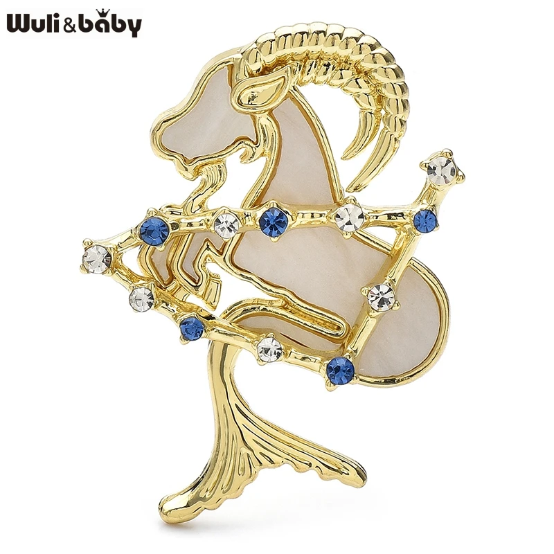 Wuli&baby Rhinestone Star Alloy Aries Goat Brooch Pins Elegant Zodiac Jewelry Gift Shell Animal Badge For Suit And Dress
