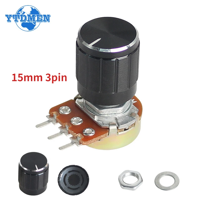 

5 Set WH148 Linear Potentiometer 15mm 3pin Resistance 1K 2K 5K 10K 20K 50K 100K 250K 1M with Black Aluminum Alloy Knob Kit