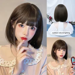 Perucas sintéticas com estrondo para mulheres, cabelo curto natural liso, peruca cosplay lolita, marrom frio, resistente ao calor, uso diário, 12 polegadas