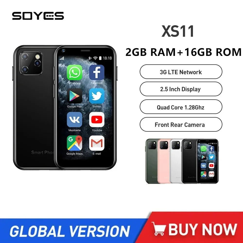 Soyes xs11 android 6.0 mini telefone móvel com vidro 3d 3g smartphones quad core 2gb + 16gb 2.5 Polegada google play 2mp câmera dupla sim