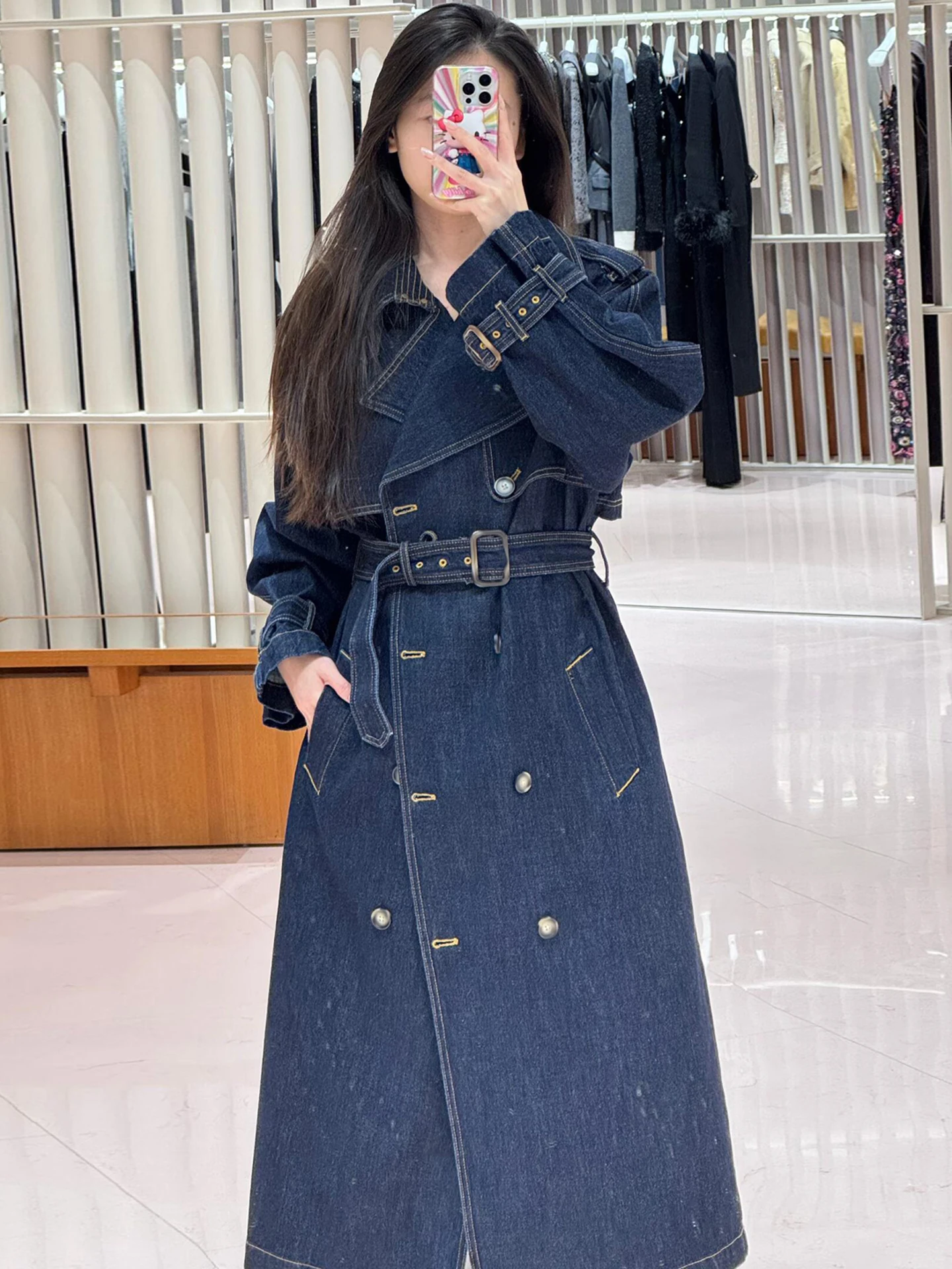 Cappotto lungo in denim premium Jaet Autunno Inverno Capispalla Faion da donna Taglio dritto Design semplice con cintura Marchio cinese