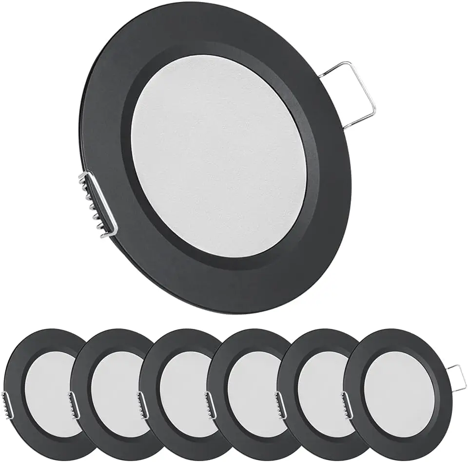 6 x LED Recessed Ceiling Spotlight 12 V Downlight Dimmable 2.5 W Black Warm White 3000 K IP64 Round Panel Extra Flat Lighting