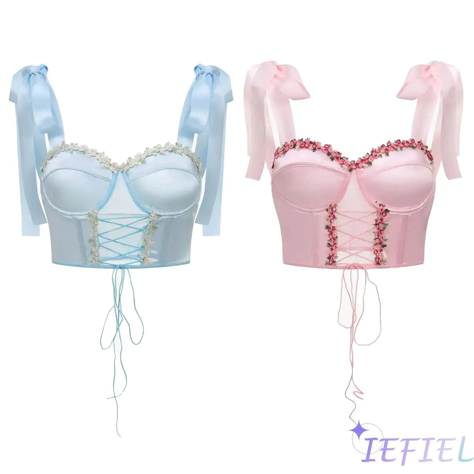 

Women Floral Embroidery Satin Camisole Self-Tie Shoulder Straps Crop Top Sheer Mesh Patchwork Bustier Underwired Corset Tops