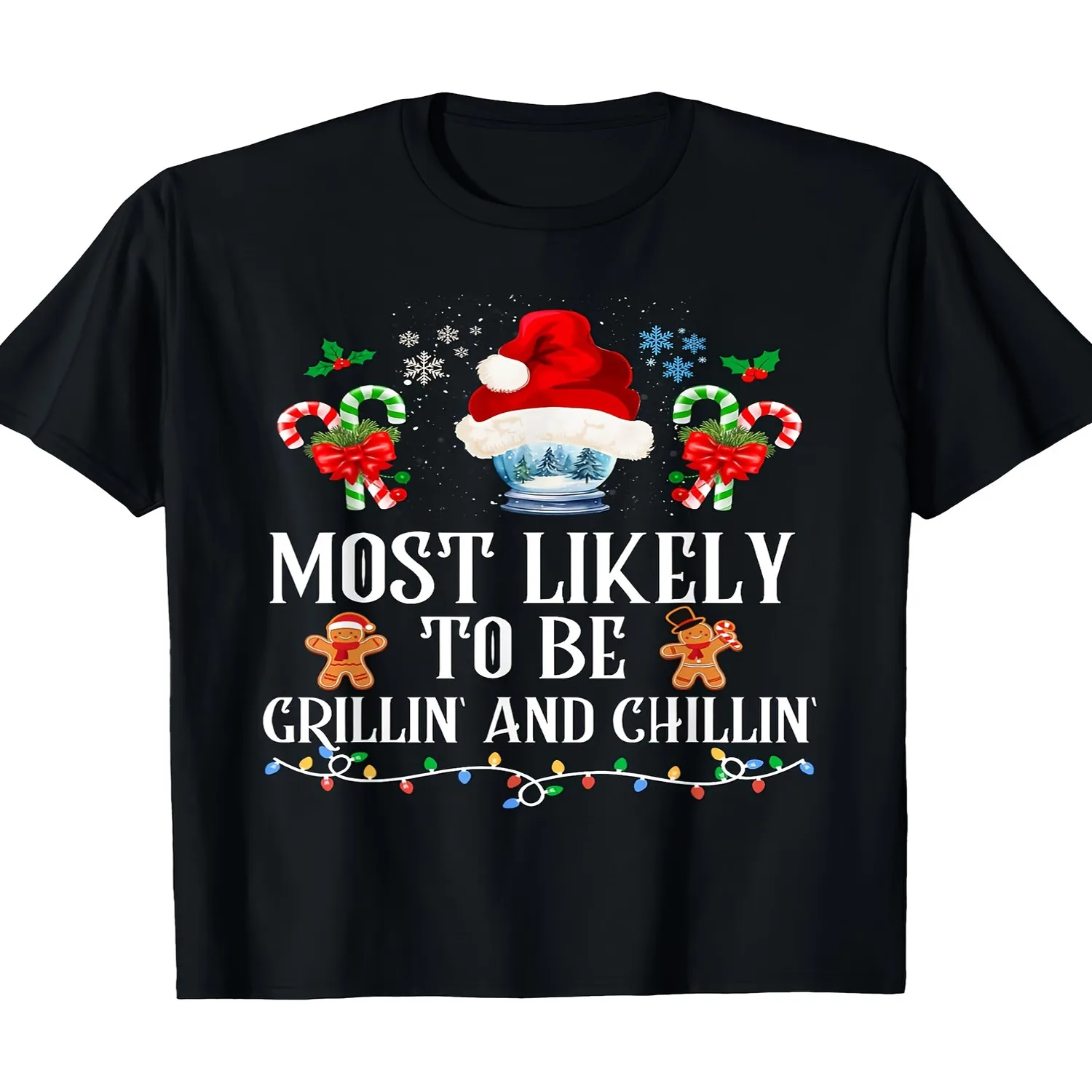 Men'S Women'S Vintage _Most Likely to Be Grillin' and Chillin'_ Christmas T-Shirt - 100 Soft Breathable Crew Neck Short Sleeve, Funny BBQ Grill Holiday Graphic with Santa Hat Candy Canes, Casu Gift for him, Retro graphic tee