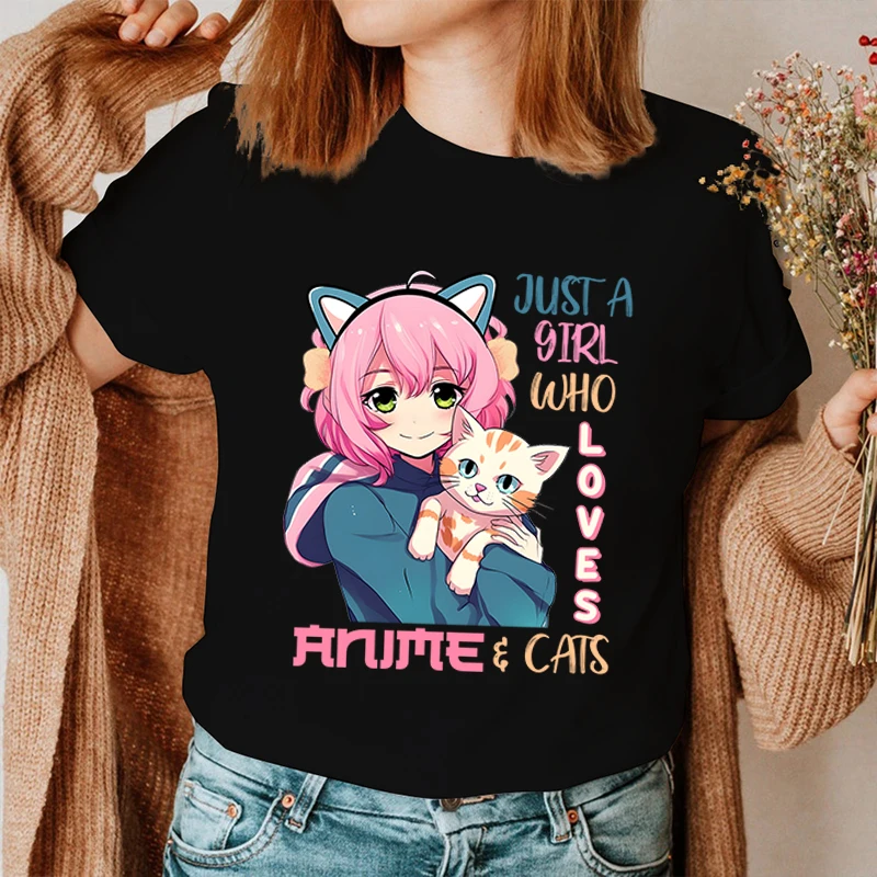 

New Hot Just A Girl Who Loves Anime Cats Printed T-Shirts Women Unisex Casual Loose Round Neck Creative Personalized T-Shirt