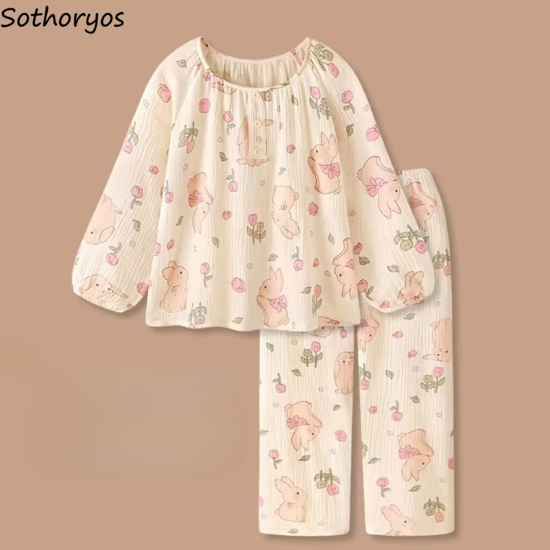 Printed Pajama Sets Women Sweet Cute Loose Leisure Girls Students Full Length Autumn Homewear 2023 New Design O-neck Bedroom