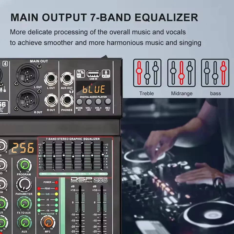 Mezclador de Audio con efecto AU4 canales 256 DSP, grabación de PC, alimentación fantasma de 48V, mezcladores de sonido USB, consola de DJ Bluetooth, mezcla para Karaok
