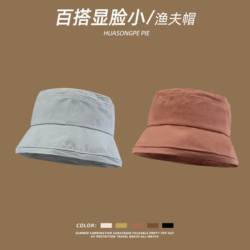 Summer Thin Type Sunscreen Bucket Hat Women's Fashion Face-Looking Small Outdoor Riding Solid Color Light Board Couple Fashionab