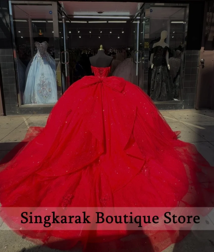 

Red Sweetheart Quinceanera Dresses Ball Gown Bead Pearls Appliques Vestidos 15 Años Birthday Party Dress With Bow Customized