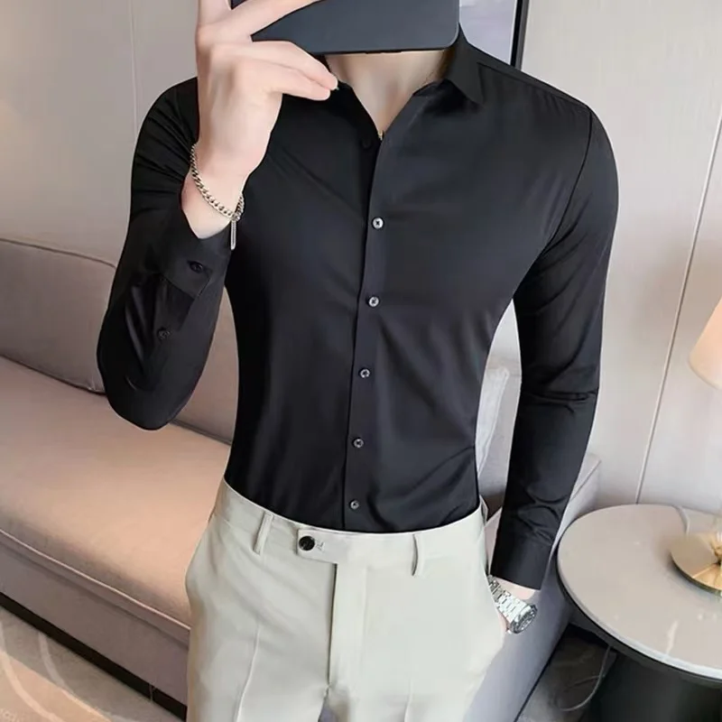 Premium Men's Ultra-Stretch Shirt High Quality Business Formal Long Sleeve Causal Soft Solid Color Seamless White Big 5XL 130KG