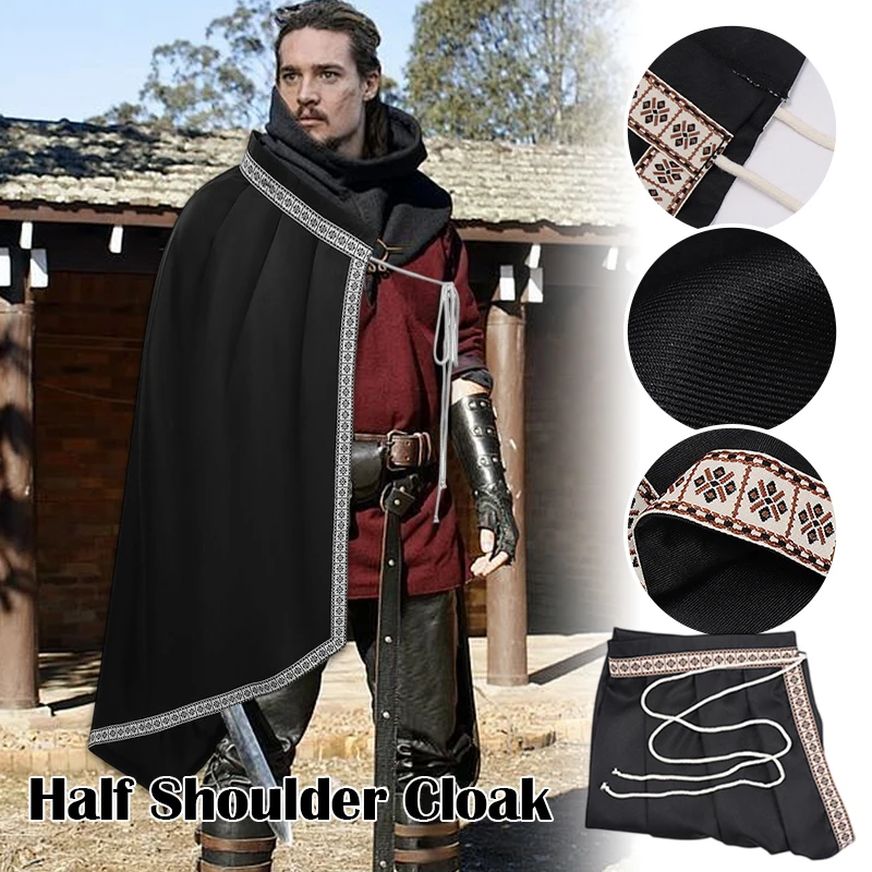 Medieval Tudor Cloak Renaissance Knight Men's Half Shoulder Cape Black Hooded Shrug Ranger Cape Larp Costume Halloween Coat 2026