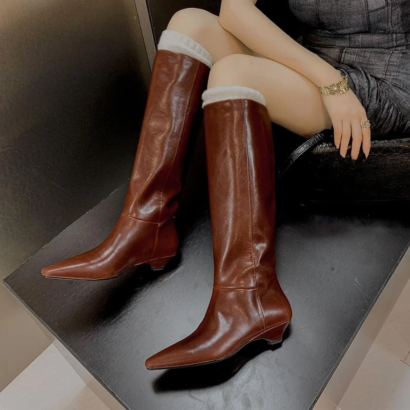 

INS Tall High Women's Chelsea Boots Genuine Leather Low Heels Knee High Boots Elegant Autumn Winter Ladies Shoes Black Brown