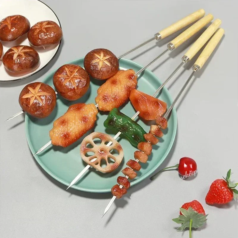 5Pcs Reusable Stainless Steel Barbecue Skewer with Wooden Handle BBQ Skewers Kebab Iron Stick for Outdoor Camping Picnic Tools