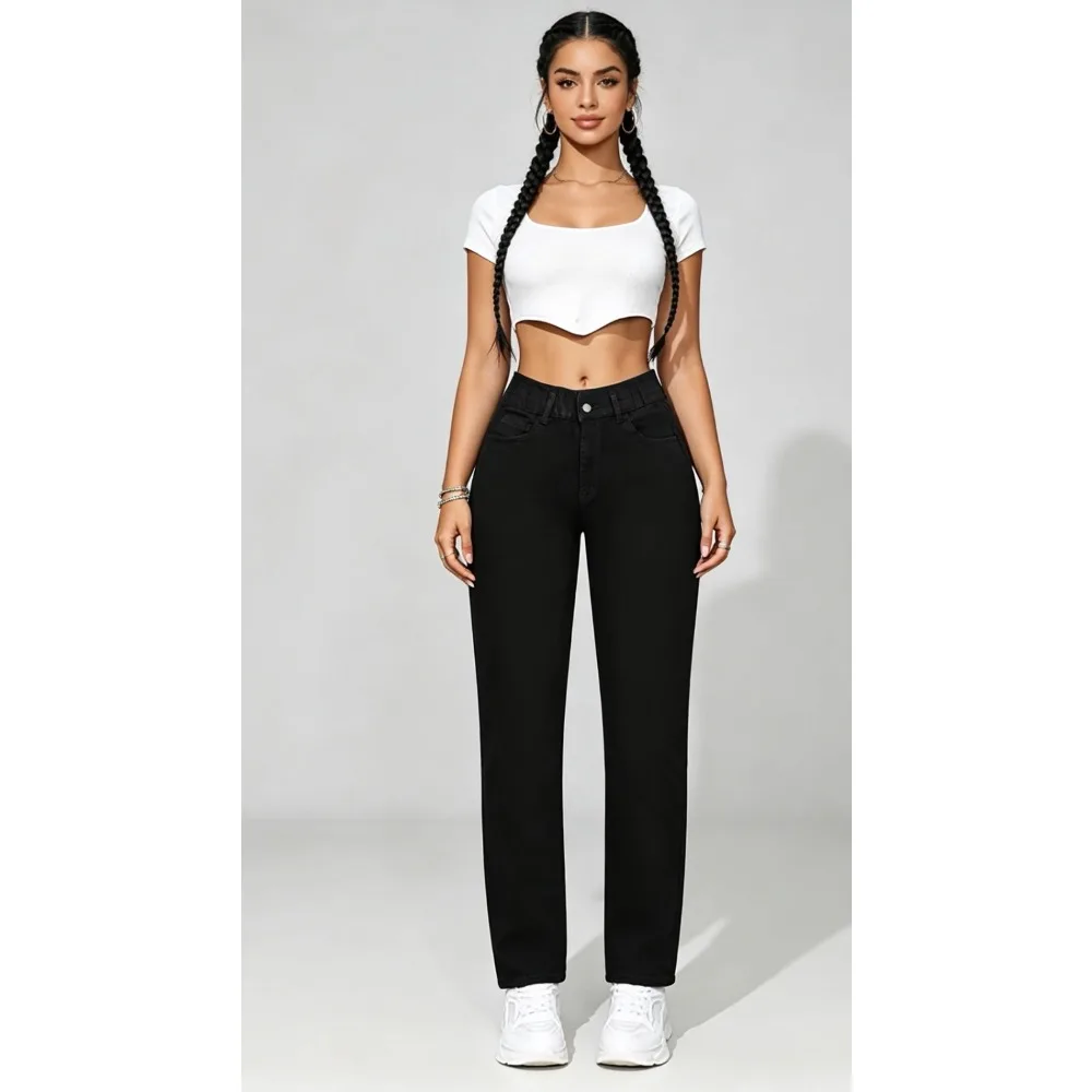 Ladies' high waist stretch denim trousers, slim pure black casual pants, elastic waist for everyday wear.
