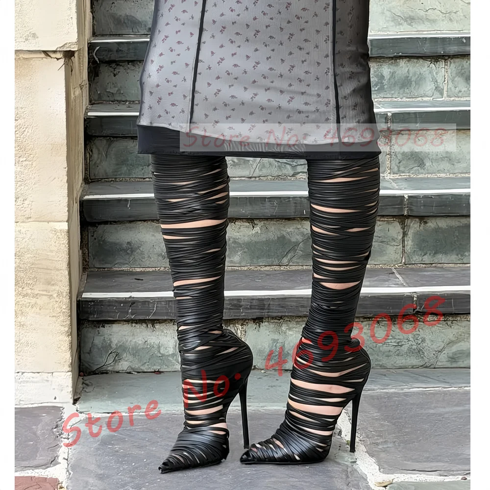 

Черные кожаные сапоги до колена с ремешками, женские, сексуальные, с узкими ремешками, заостренным носком, на шпильке, с тонкими ремешками и молнией сзади, на высоком каблуке