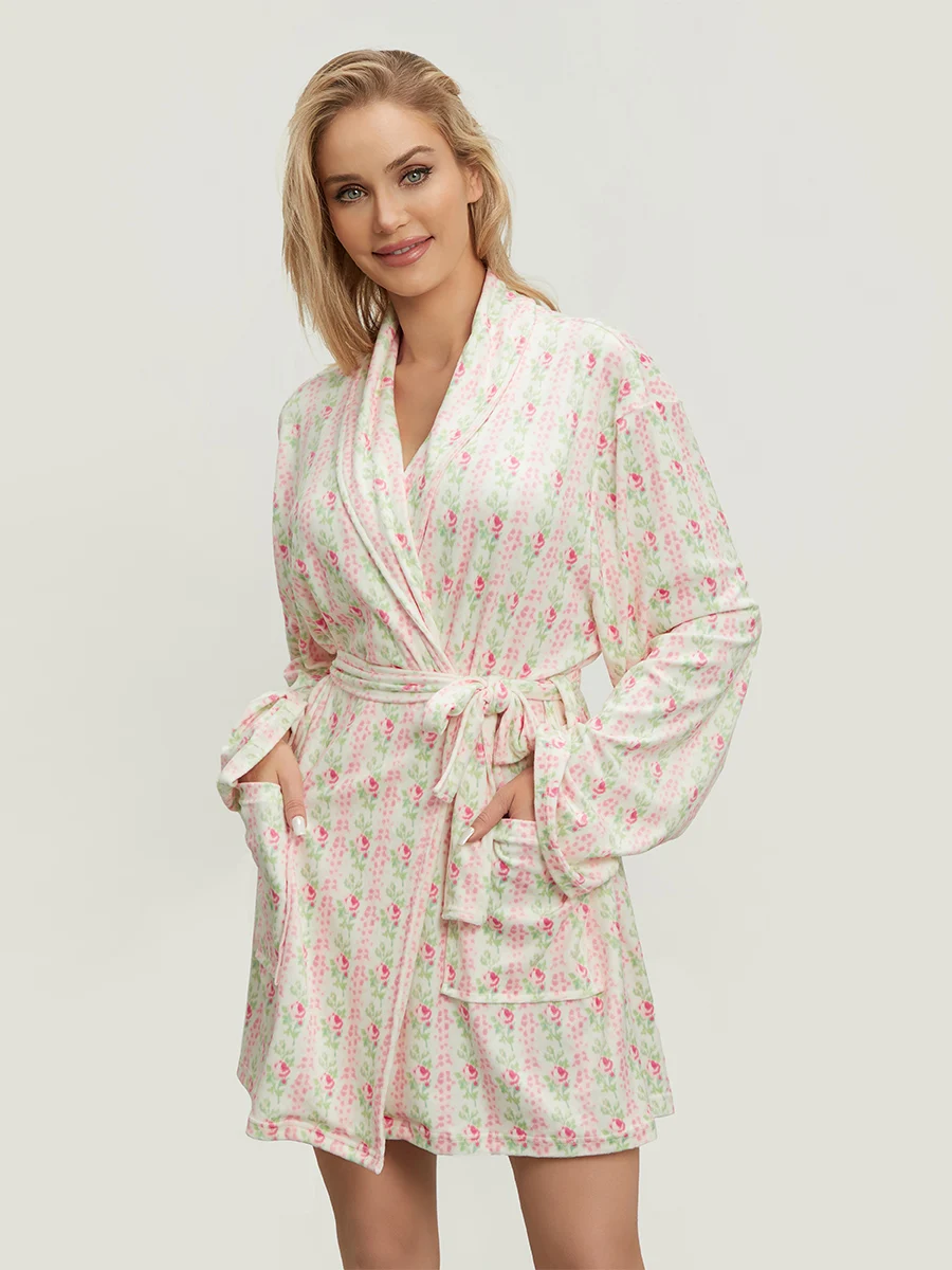 Women s Elegant Floral Print Long Sleeve Belted Robe with Lapel Collar and Convenient Pockets for Spring and Autumn Nights