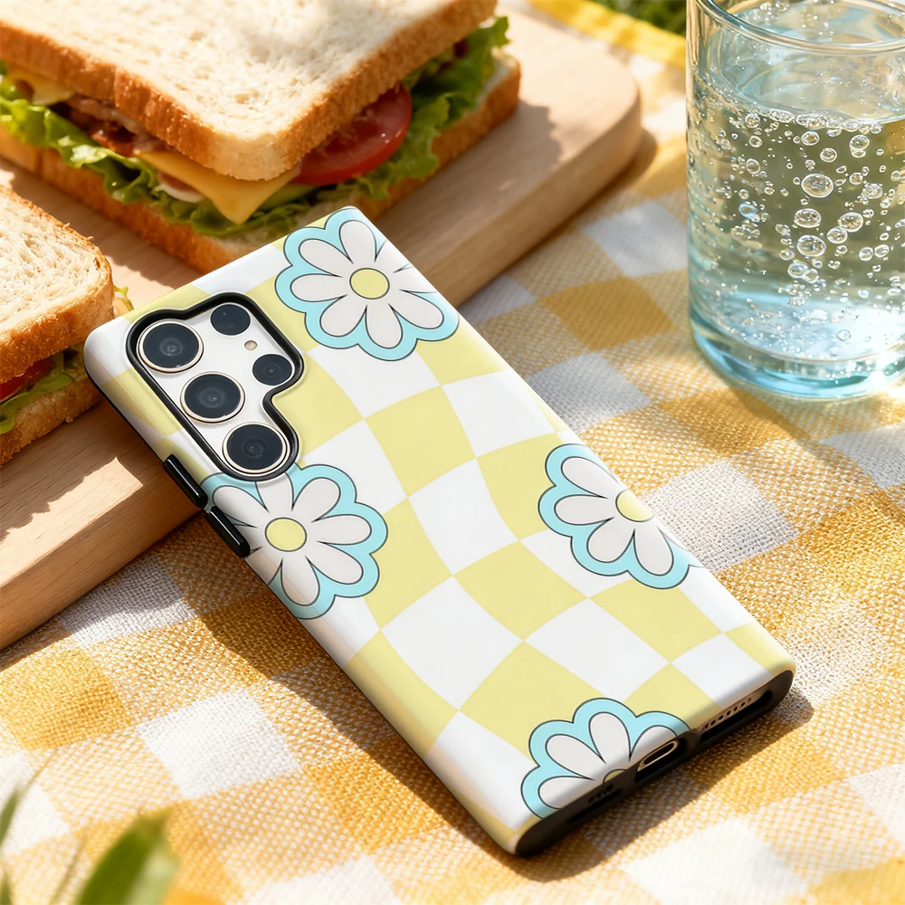 Coque de téléphone à fleurs bleues sur jaune, étui arrière brillant Double couche pour Samsung Galaxy S25 Ultra S24 S23 Ultra Plus