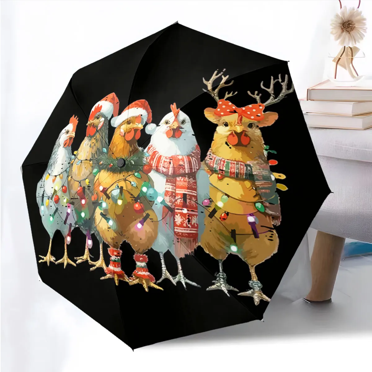 1PC Holiday Chickens Adorn Festive Umbrella Print 8 Iron Ribs Folding Umbrella Auto-Open Fashion Sunshade