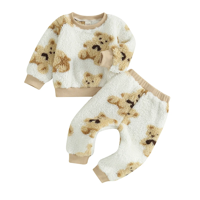 Infant Toddler Baby Boy Girl Long Sleeve Fleece Sweater Teddy Bear Pullover Fluffy Pants Set 2pcs Winter Clothes