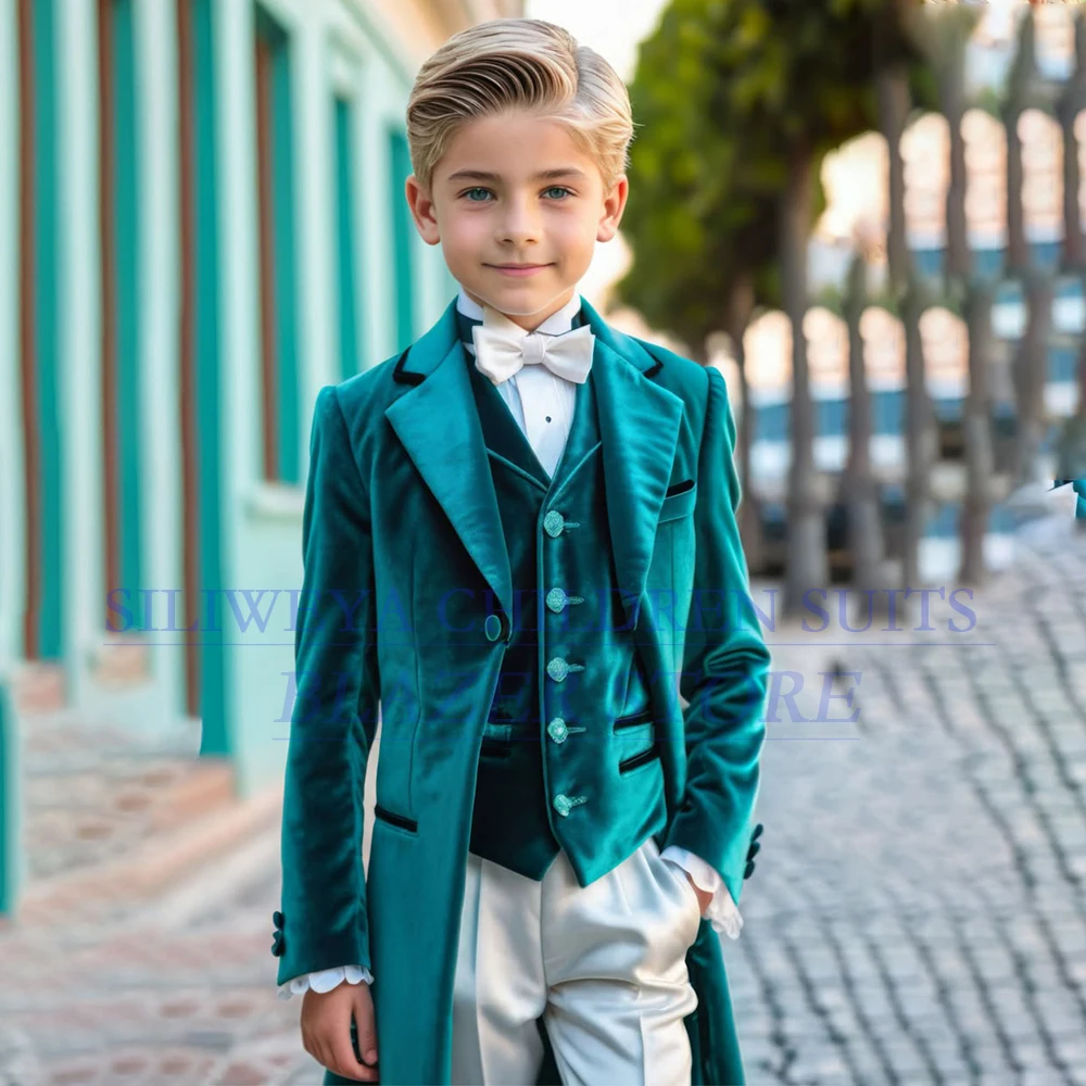 

Elegant Velevt Tuxedos for Kids Formal Single Breasted Notch Lapel Long 3 Piece Jacket Pants Vest Wedding Outfits Clothing