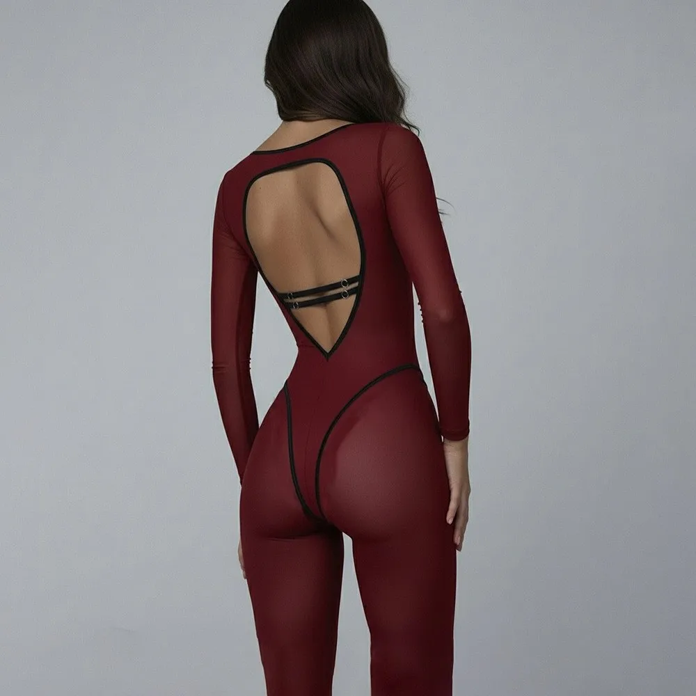 Hot Lingerie Jumpsuit Black Sheer Mesh Sleeves Bodysuit Corset Style Seams Deep Red Cutout Back Olive Green Jumpsuit view 4