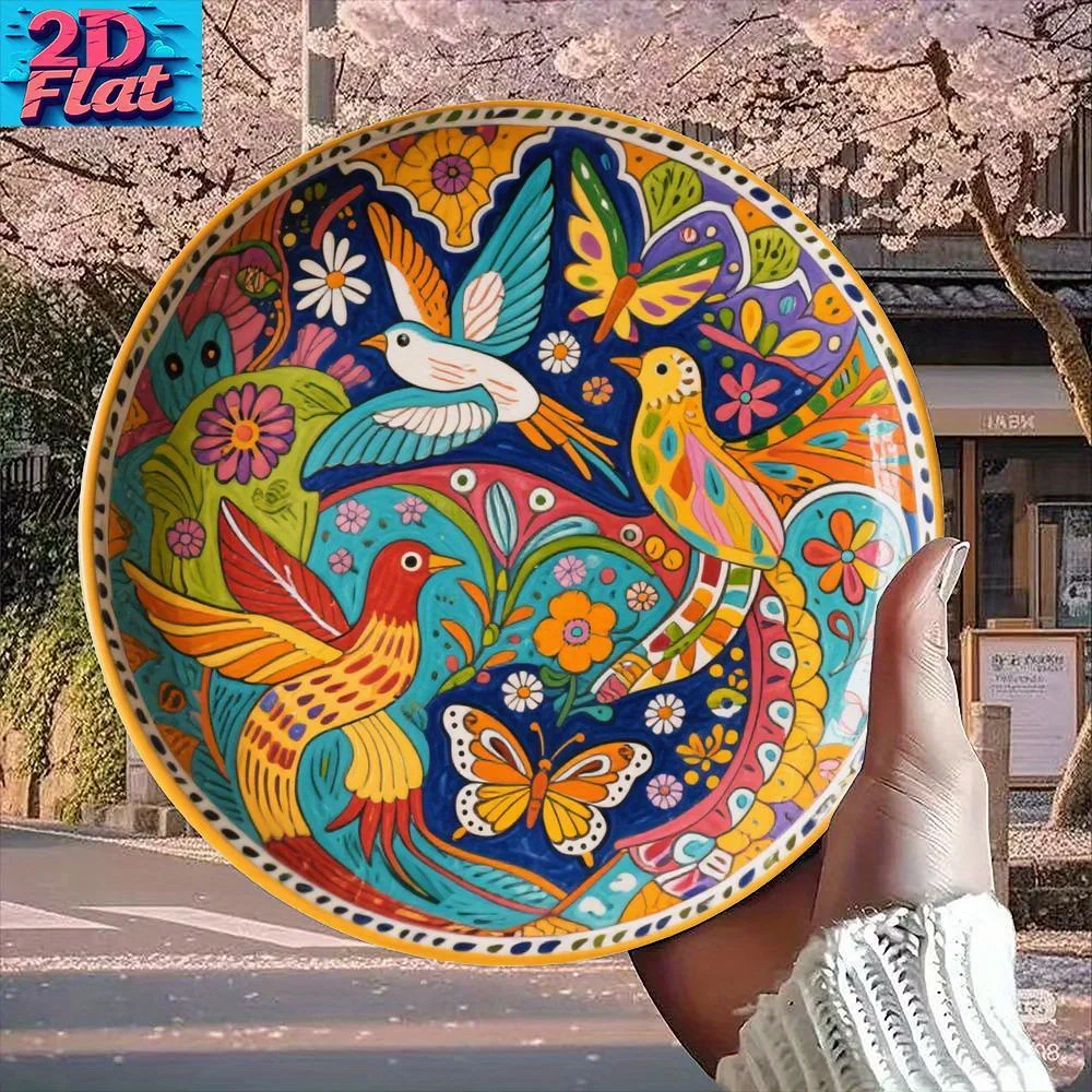 2D Flat, 1pc Vintage Folk Art Aluminum Wall Plate - Lightweight Circular 2D Flat Panel with Vibrant Birds & Floral Patterns, Ret