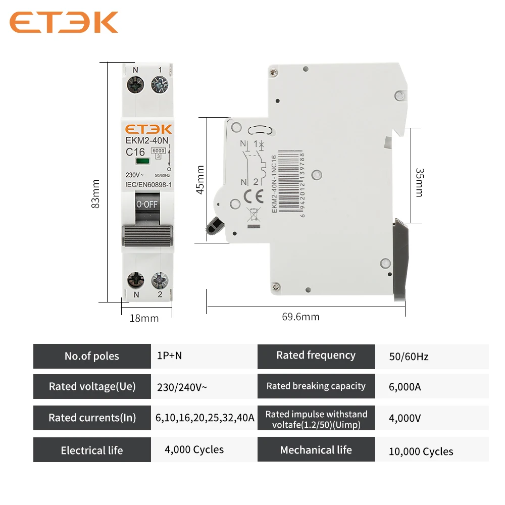 ETEC Rail-Mounted Miniature Household Circuit Breaker MCB 30 MA C Curve 10 A 16 A 20 A 25 A 32 A 1P+N EKM2 40N