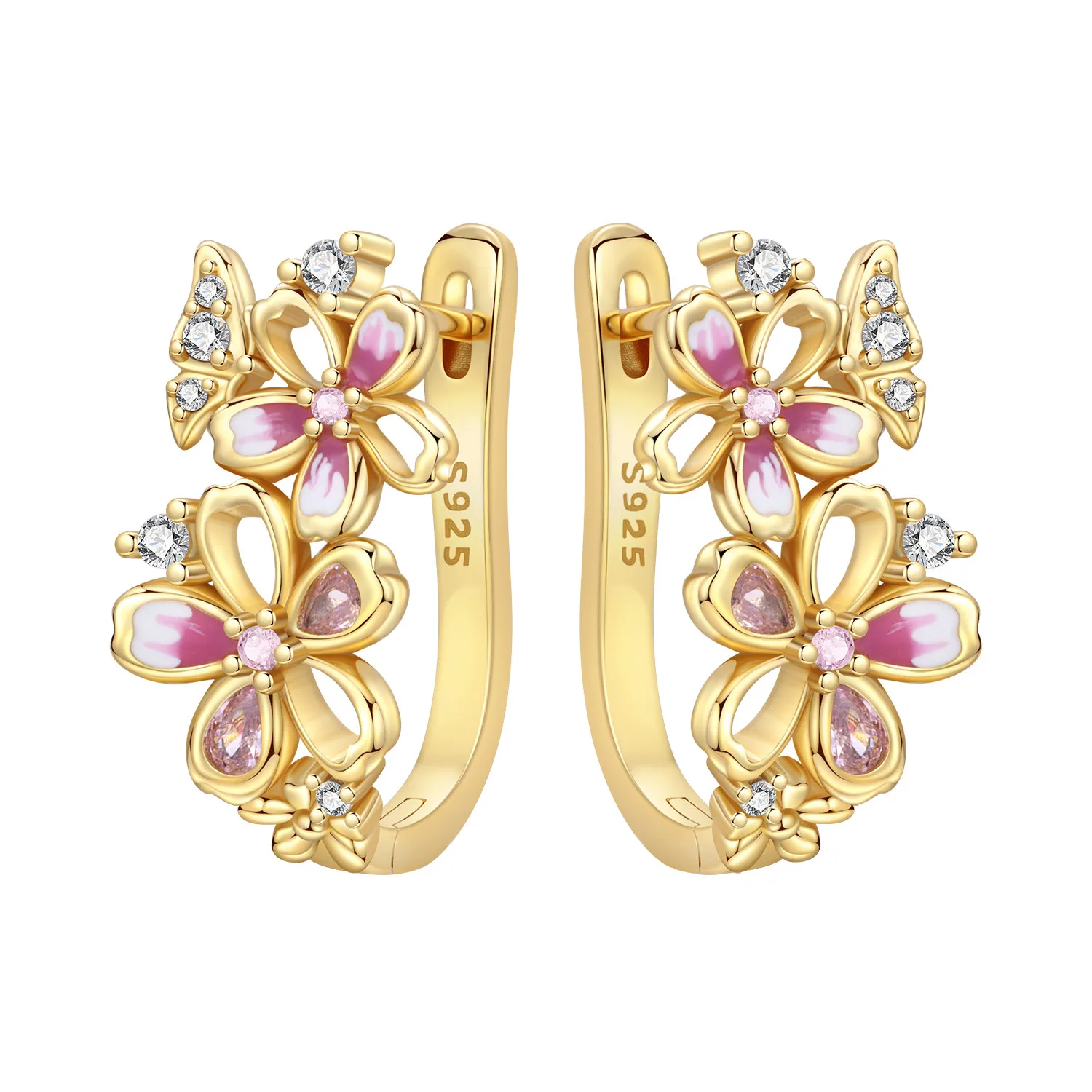 CYCUFF Original 925 Sterling Golden Cherry Blossom Butterfly Ohrringe Damen Creolen Jubiläumsschmuck Trendige Geschenke