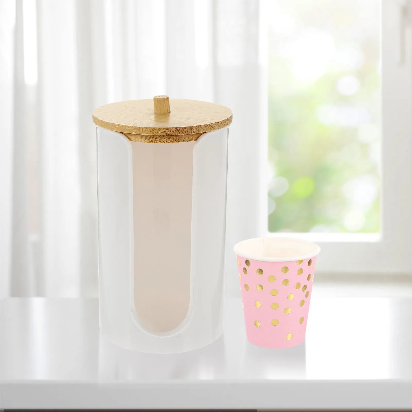 Disposable Paper Cup Holder Bathroom Cup Dispenser with Bamboo Lid Clear Storage for Mouthwash Rinsing Cups Cotton Pad Organizer