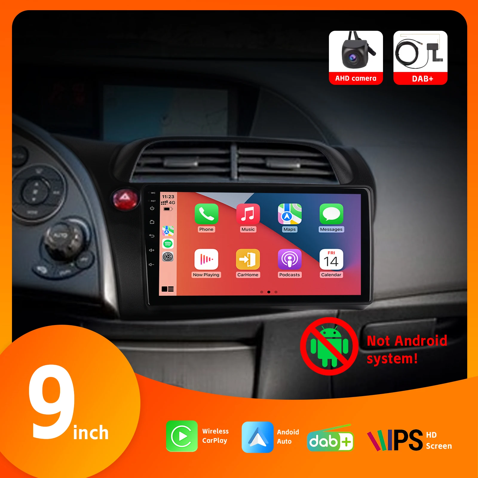 

9" Car Radio HD IPS Touch Screen DAB+ Wireless Carplay Android Auto for Honda Civic 2006-2011 with AHD Rear View Camera SWC BT