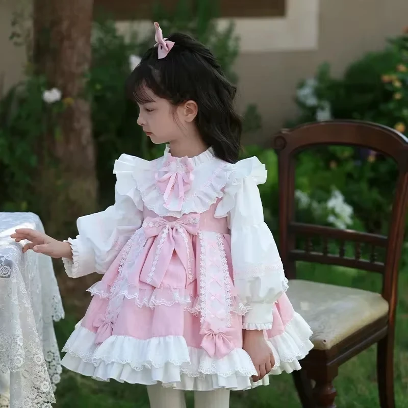 Spanish Lolita Pink Dress for Kid Girls Princess Lace Ball Gown Bow Birthday Baby Dresses For Girl Clothes Party Easter Eid