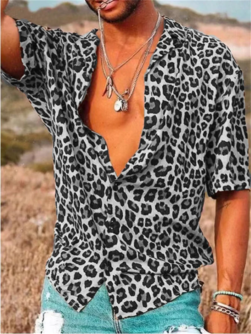 

Leopard print shirt men's short sleeved men's top summer casual full match Hawaiian beach shirt men's linen