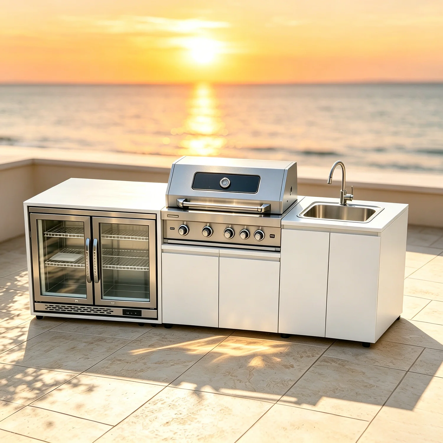 Prefabricated Outdoor Kitchen with Built in BBQ Grill Fridge Sink Set Modular Stainless Steel Cabinets for Backyard Patio