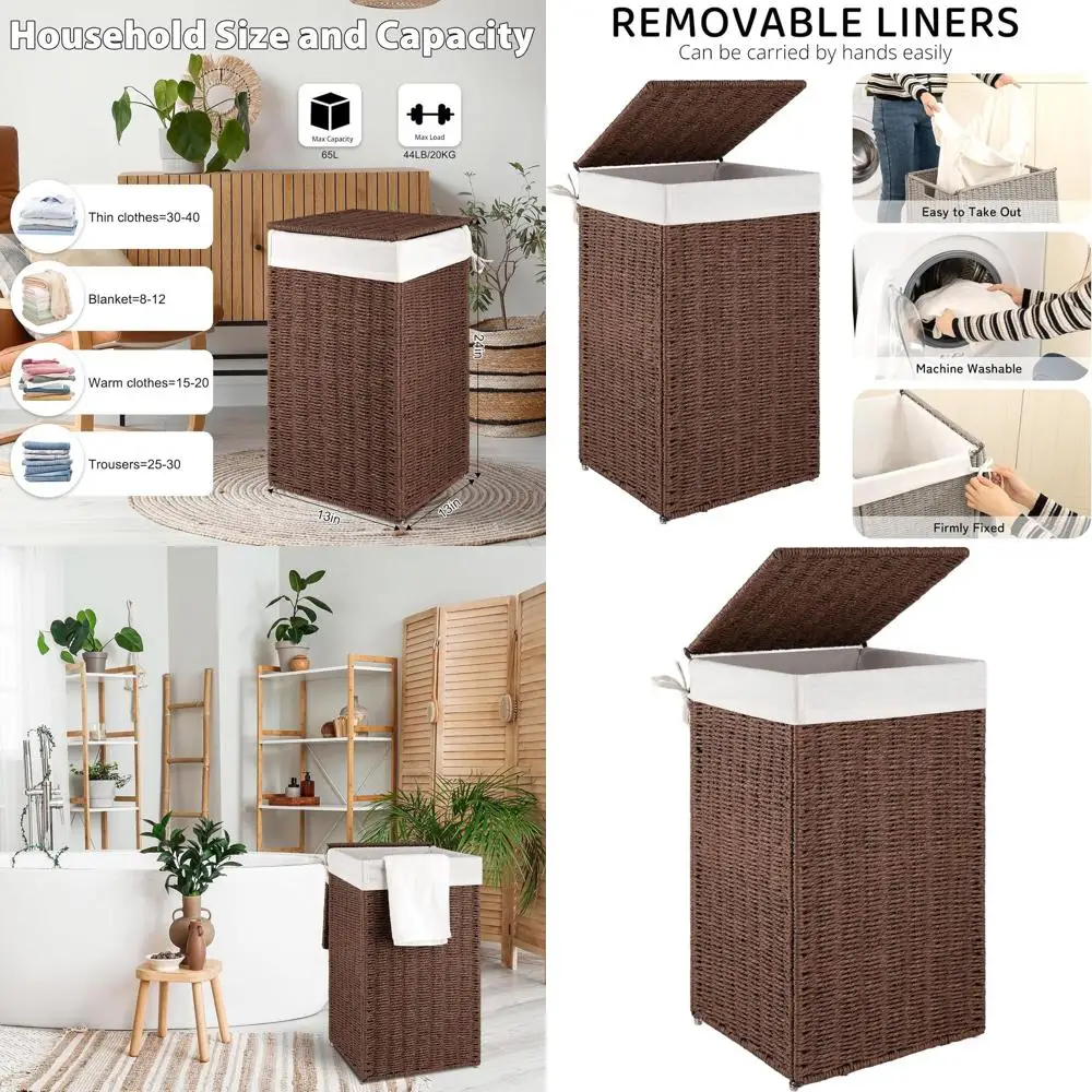 

Коричневая плетеная корзина для белья с крышкой и съемным вкладышем, вместимость 65 л, для спальни или прачечной
